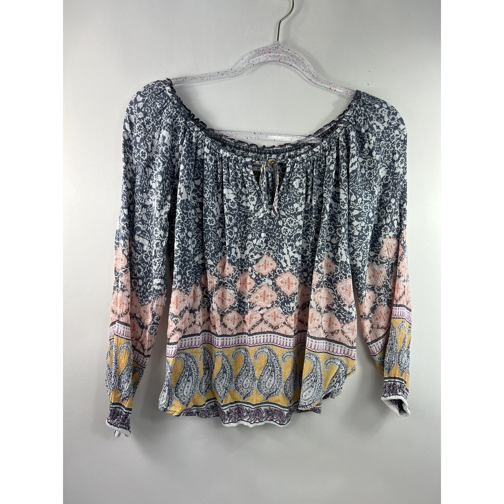 Abercrombie & Fitch Blouse Women's Sz M Gray Multi Off Shoulder Elastic Tie Neck